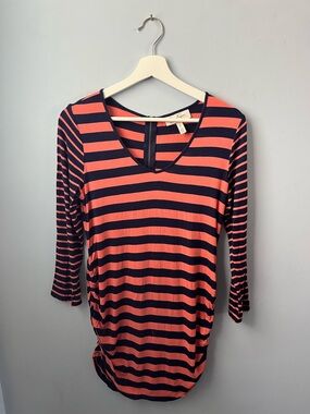 Jessica Simpson Maternity Striped 3/4 Sleeve Stretch Top Navy Coral Size M